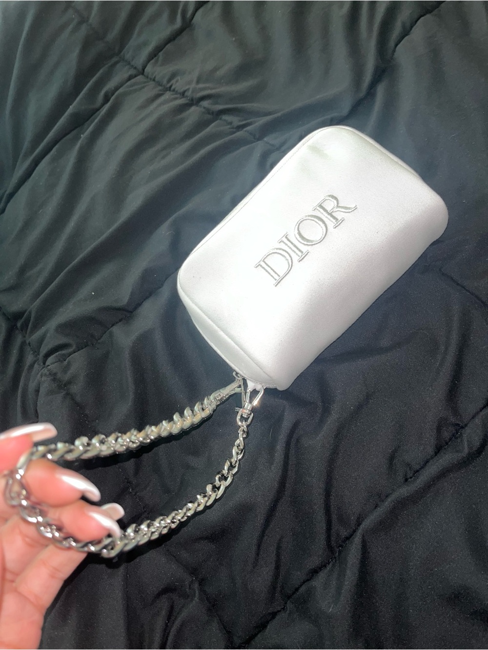 Dior White Logo Mini Crossbody with Silver Chain